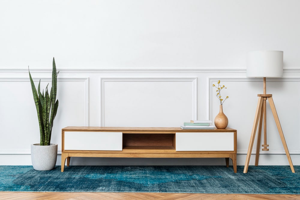 Un élégant "meubles TV avec rangement" de style moderne, avec des tiroirs et des étagères pour organiser l'espace salon