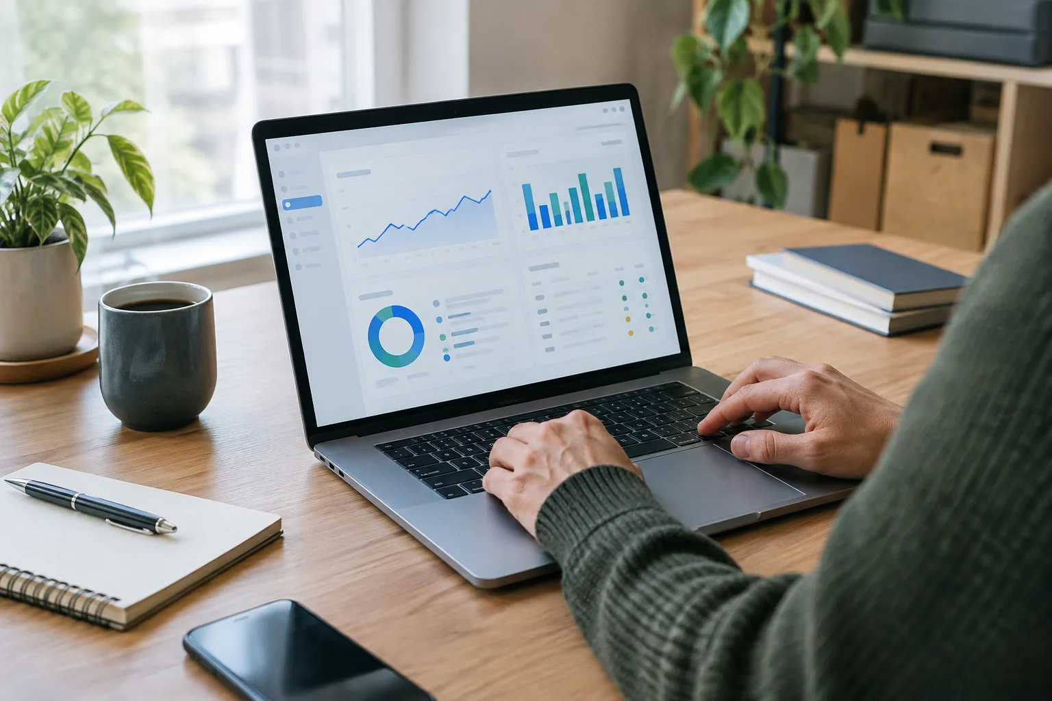 Une personne consulte un logiciel de gestion sur un ordinateur portable dans un bureau de petite entreprise.