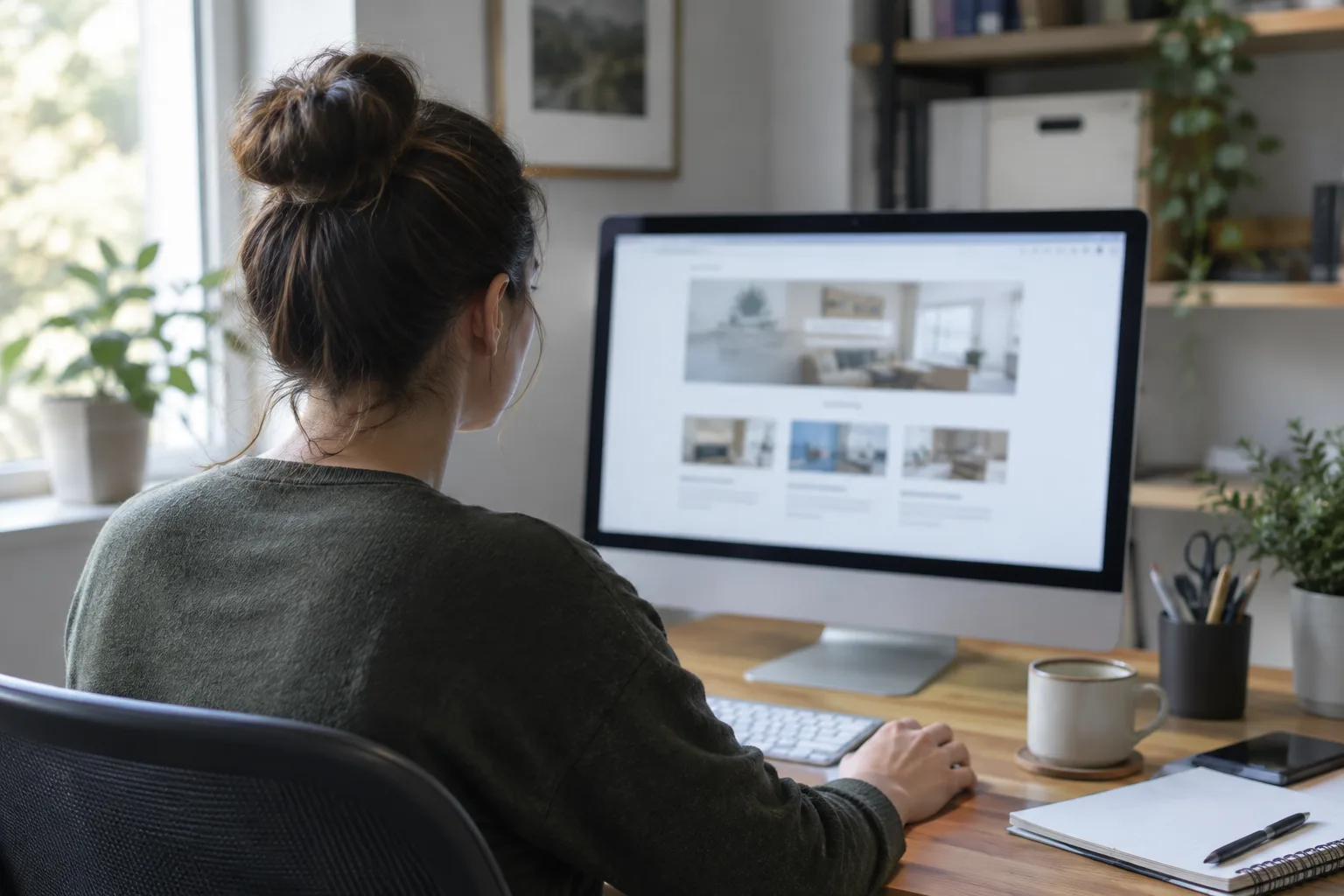 Une personne prépare une page de service sur un ordinateur dans un petit bureau.