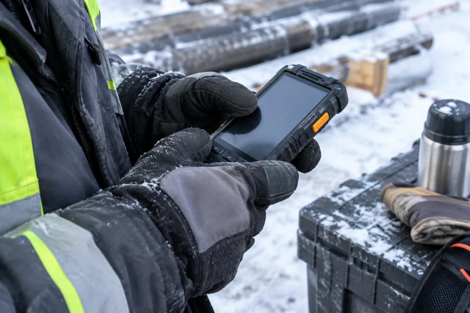 Des mains gantées manipulent un appareil numérique sur un chantier en hiver.