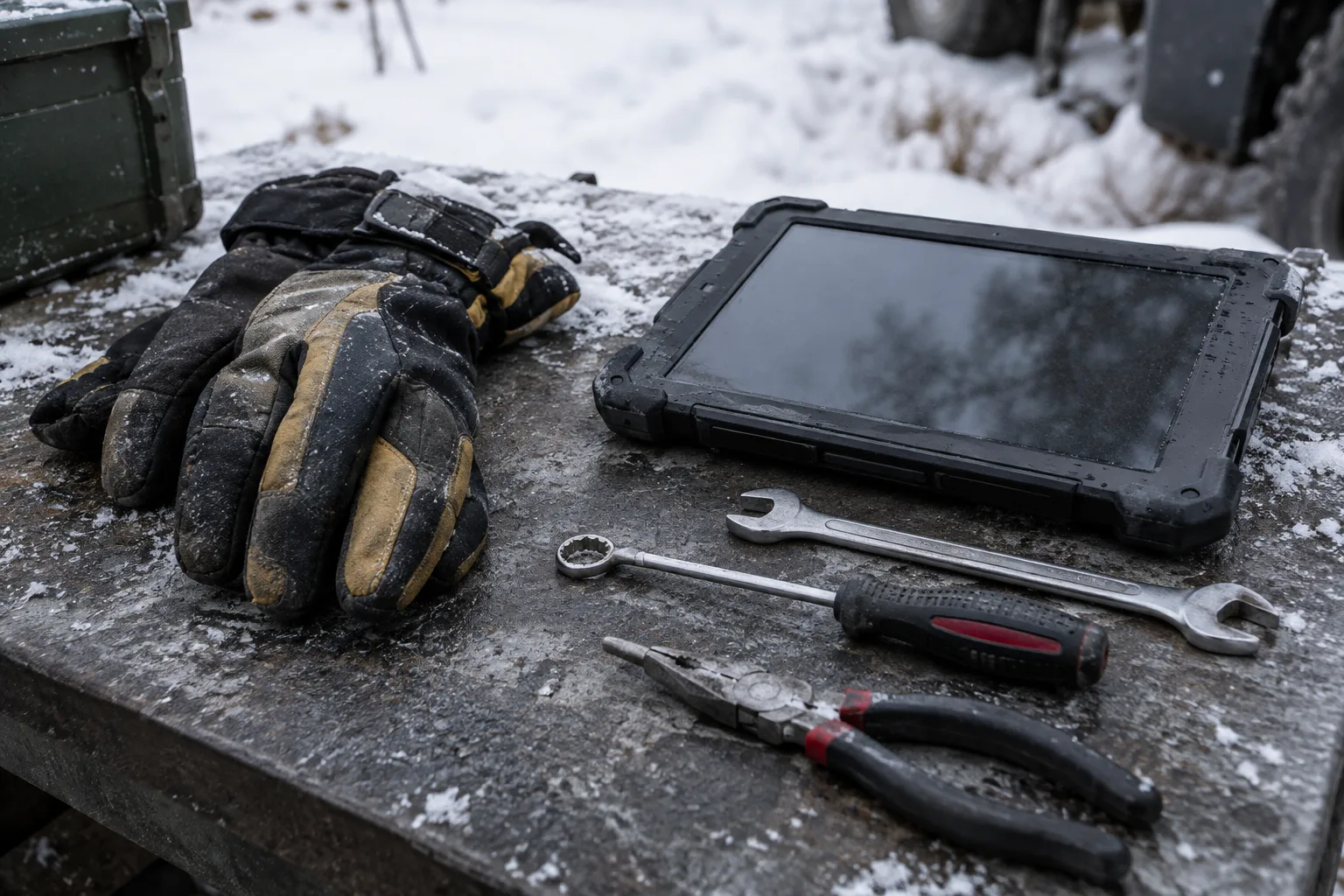 Des gants de travail isolants posés près d’une tablette et d’outils utilisés en extérieur.