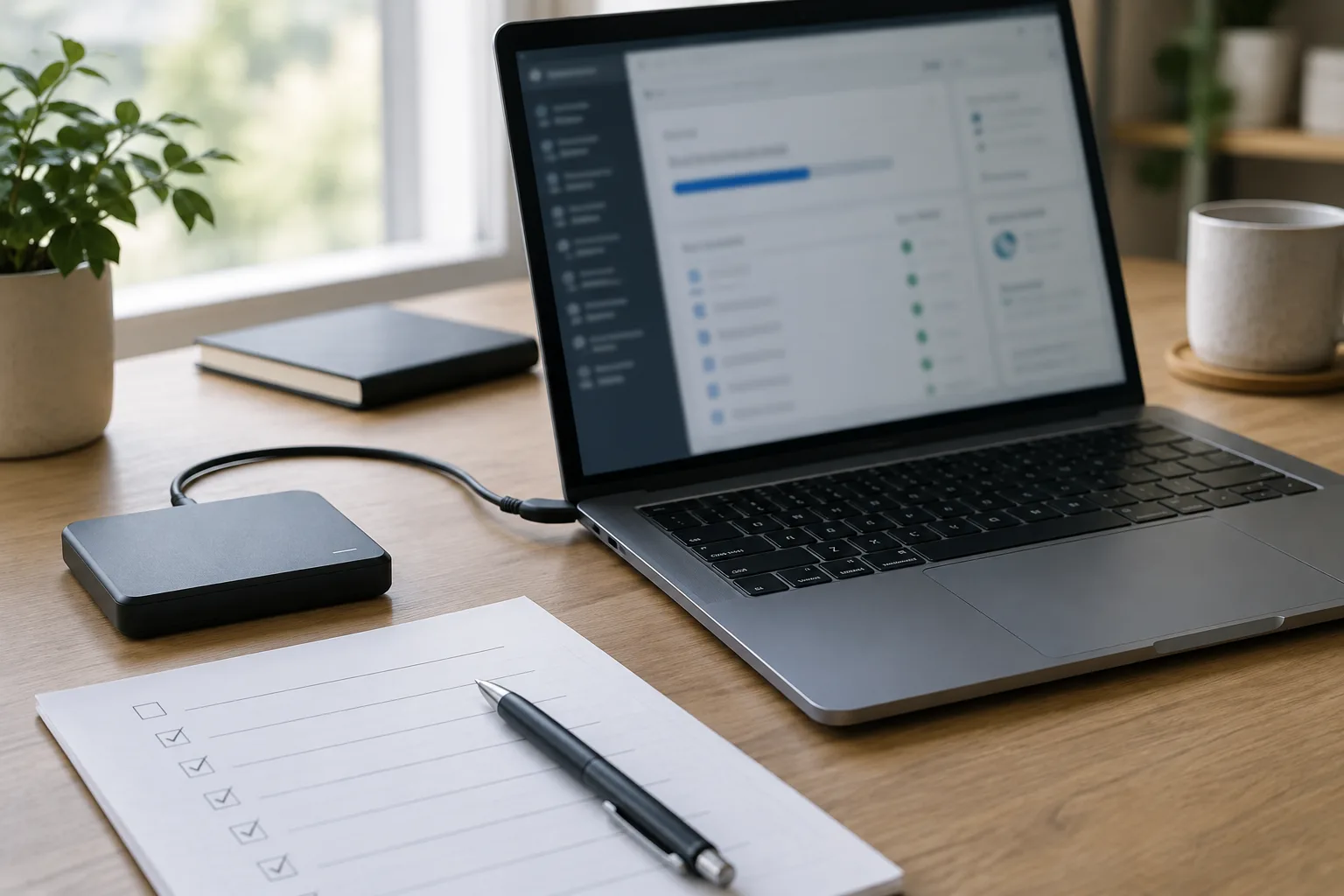 Ordinateur portable et disque de sauvegarde posés sur un bureau pendant la préparation d’une migration de site.