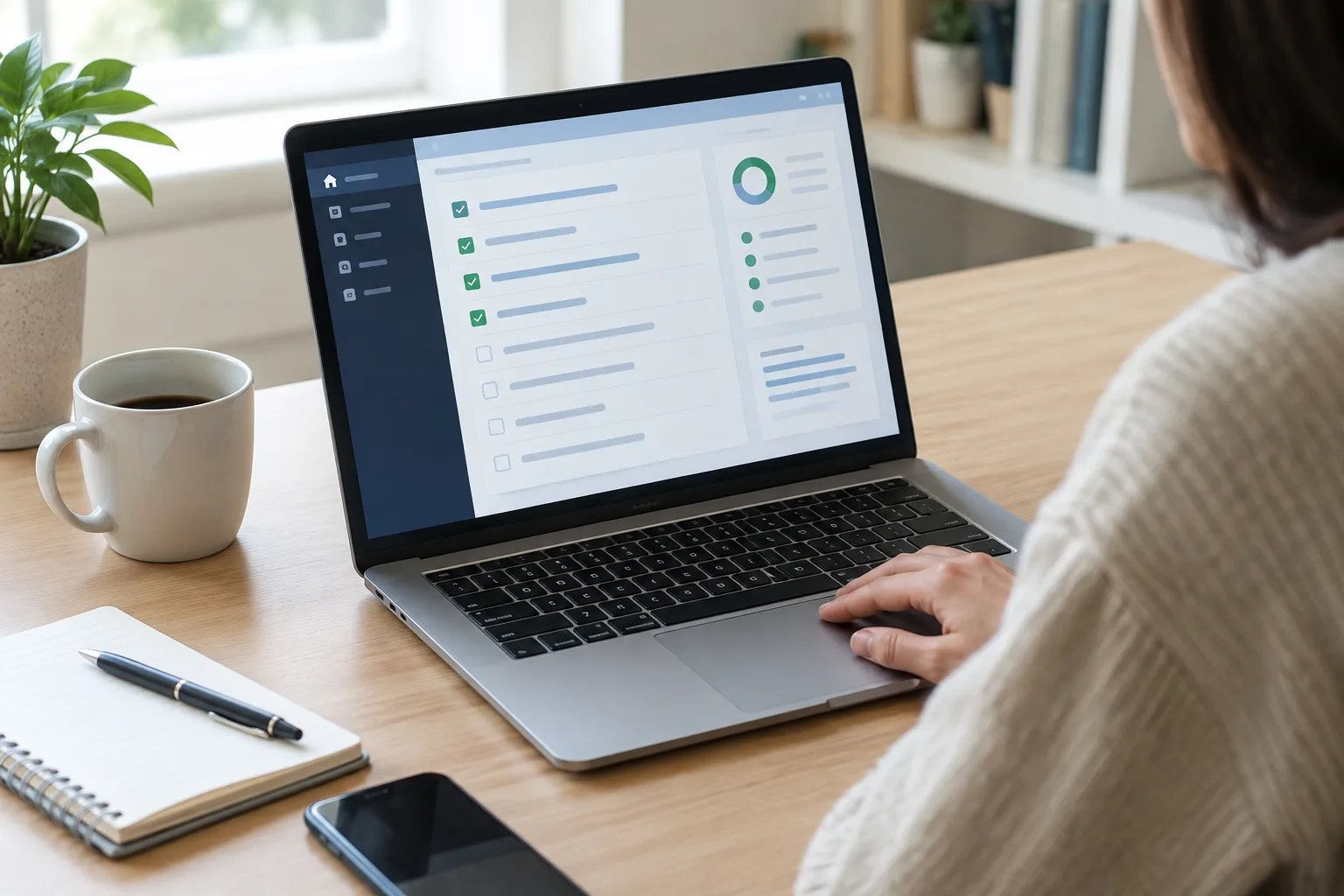 Un ordinateur portable affichant une interface de gestion de site, avec une liste de vérifications posée sur le bureau.