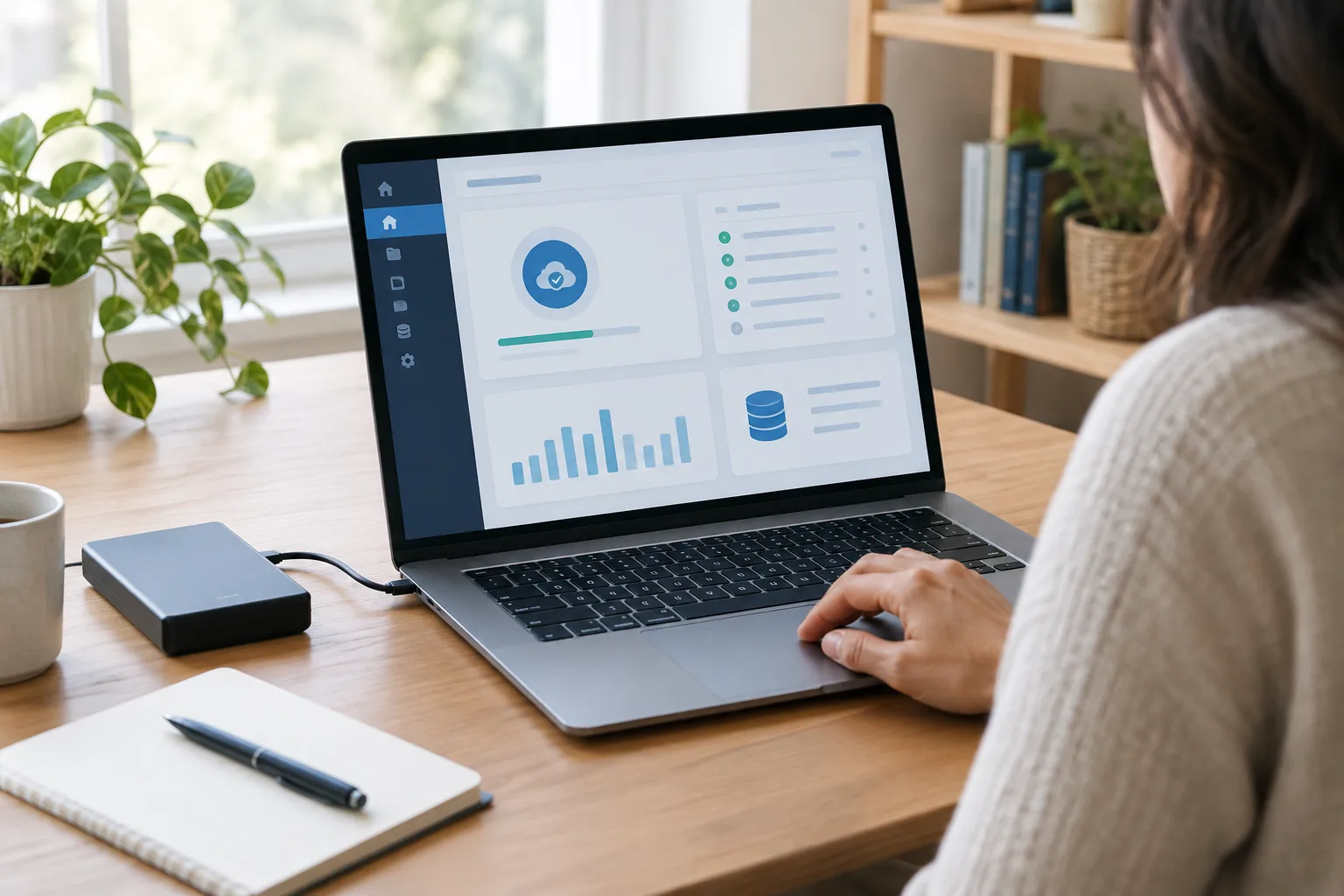 Ordinateur portable et disque externe utilisés pour préparer une sauvegarde de site web.