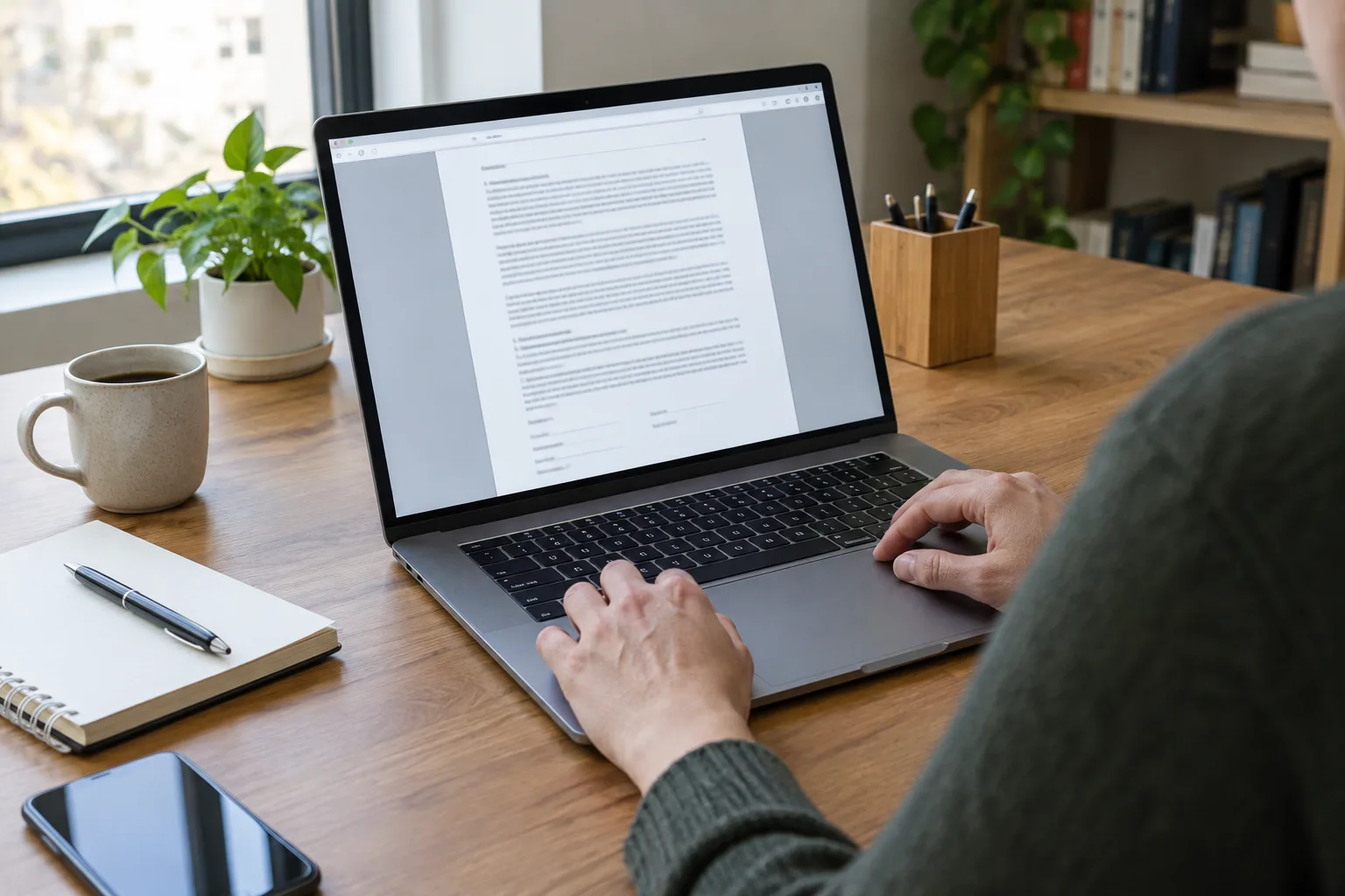 Une personne consulte un document numérique sur un ordinateur portable posé sur un bureau.